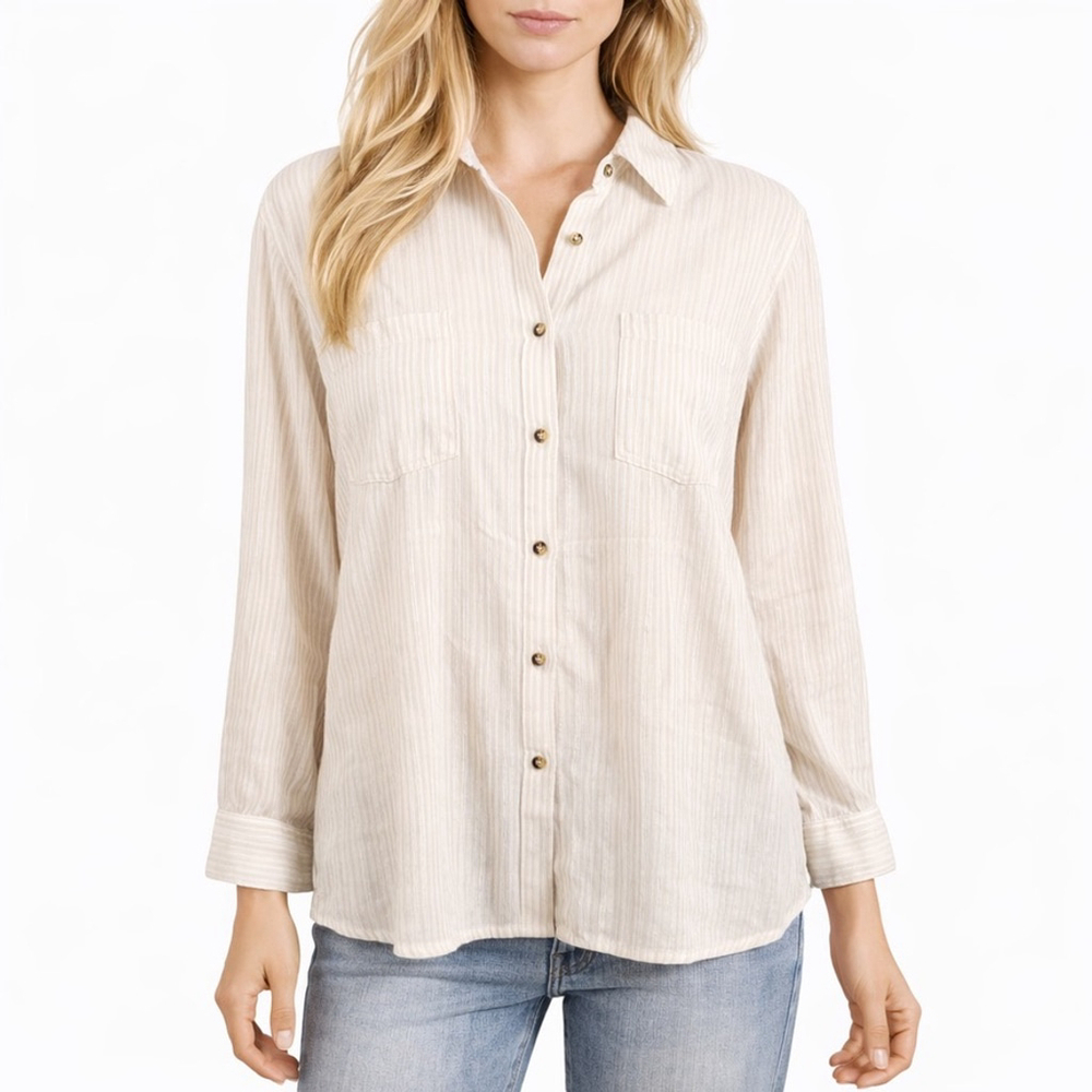 Chicos Neutral Gold Shimmer Striped Blouse Cotton Blend Sheer Chic Size 3 = XL